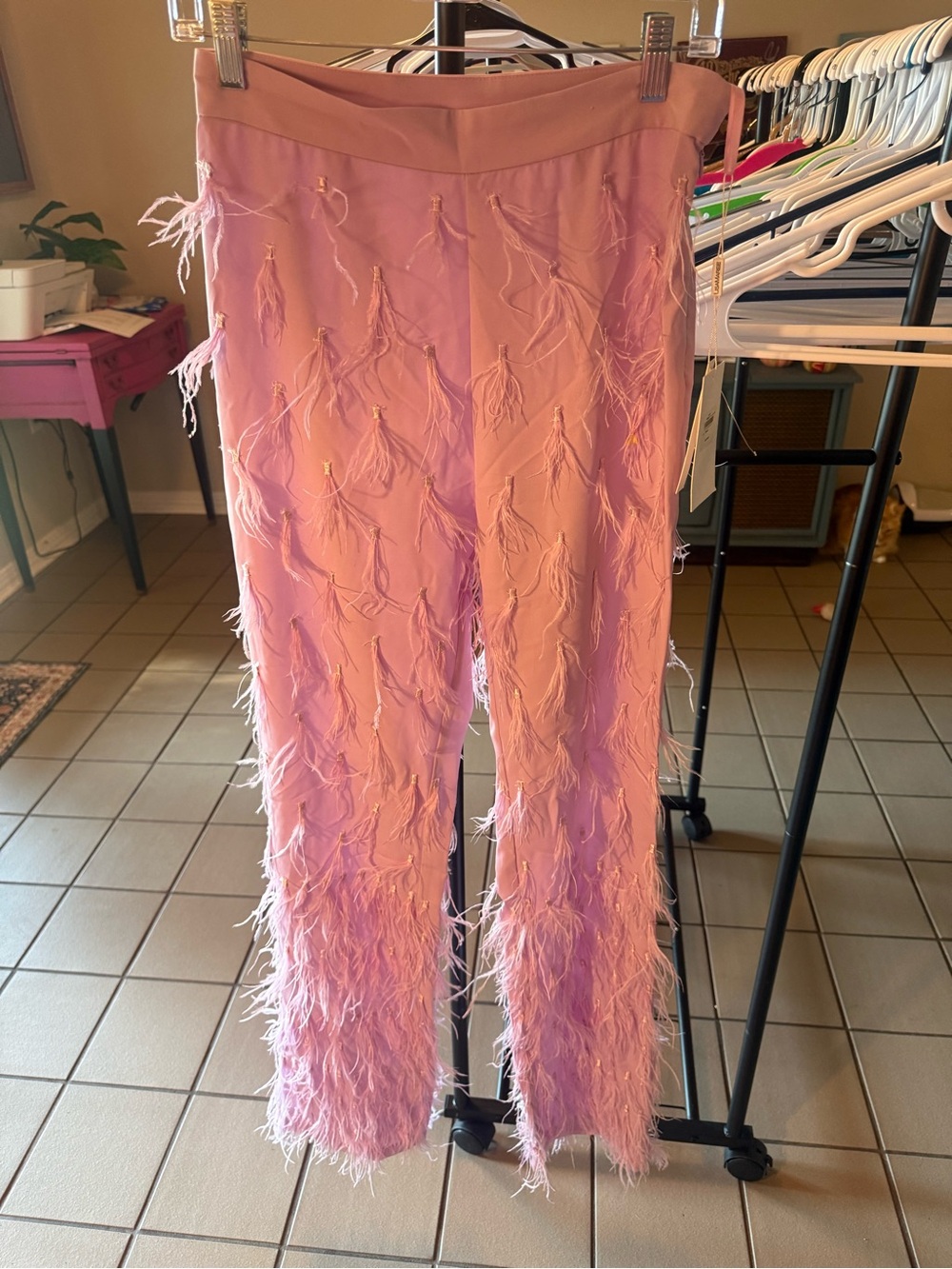 Women's Pink Feather-Tier Straight Leg Pants